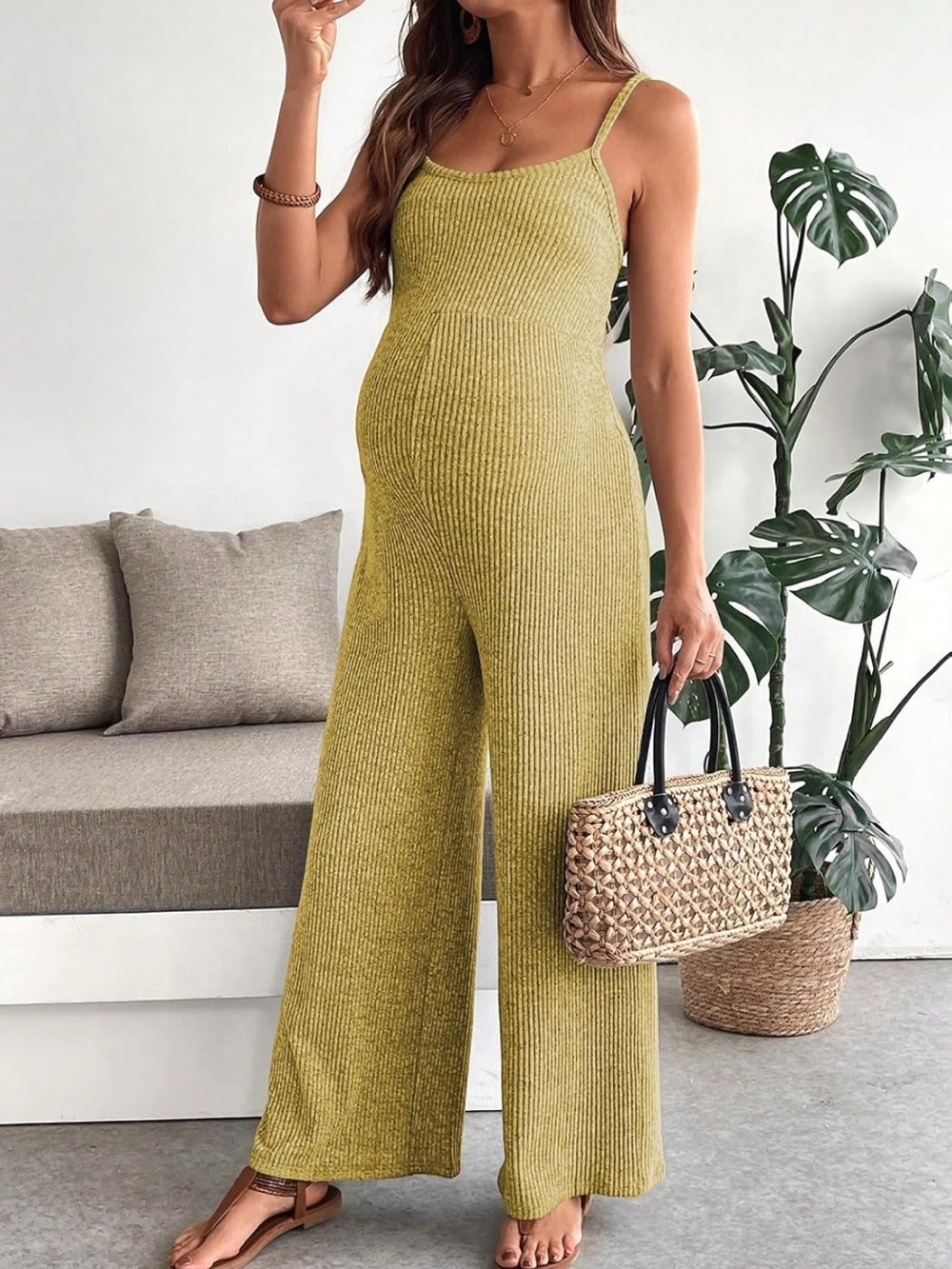 Amazon Olive Ribbed Spaghetti-Strap Jumpsuit